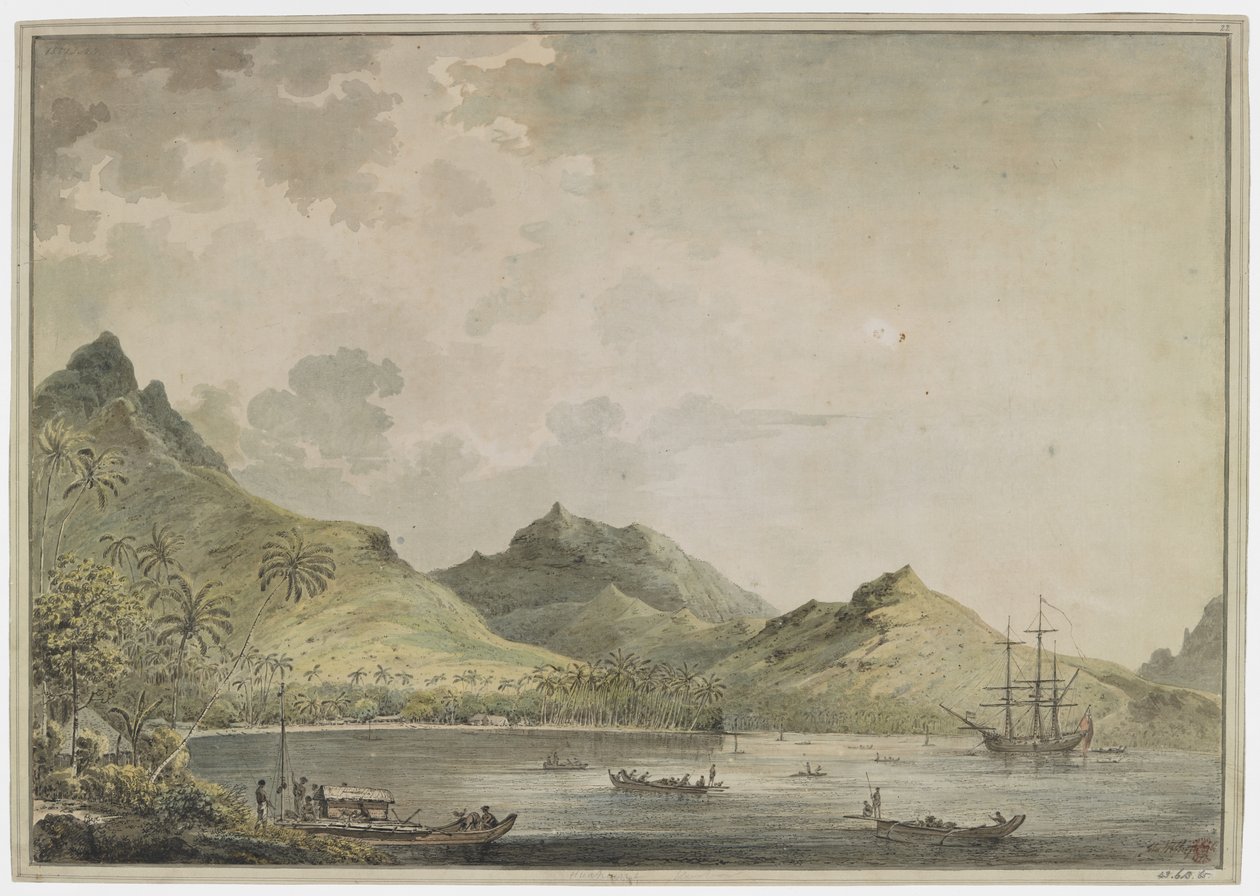 [Hel ritning]. Utsikt över hamnen i Huahine [Fare Harbour]. med toppiga berg, inklusive berget Turi, i bakgrunden. I bukten finns 