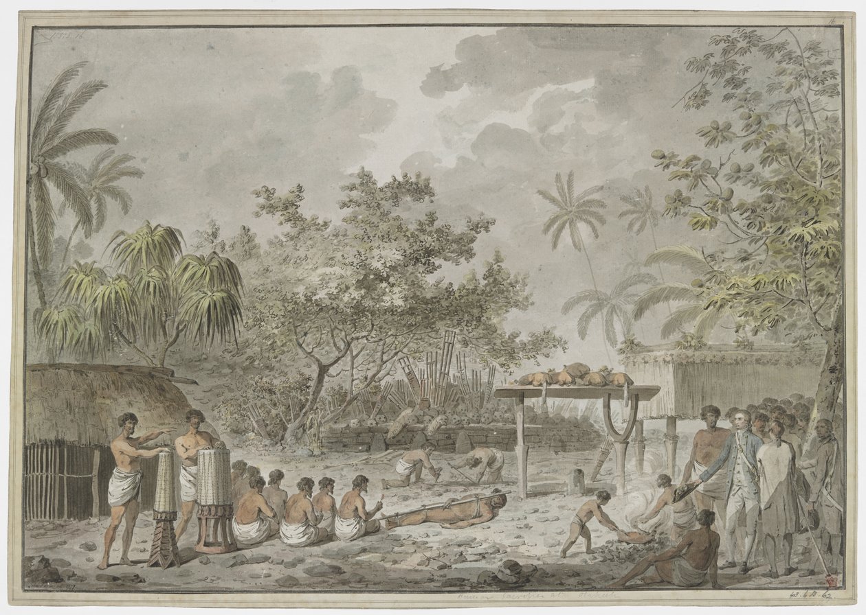 [Hel ritning] Människooffer vid den stora morai i Attahouroo [Utuaimahurau], Tahiti, bevittnad av kapten Cook den 1 september 1777. En inbunden figur i förgrunden, med män som gräver ett hål för kroppen bakom, och vad som innehåller två hundar och thr av John Webber