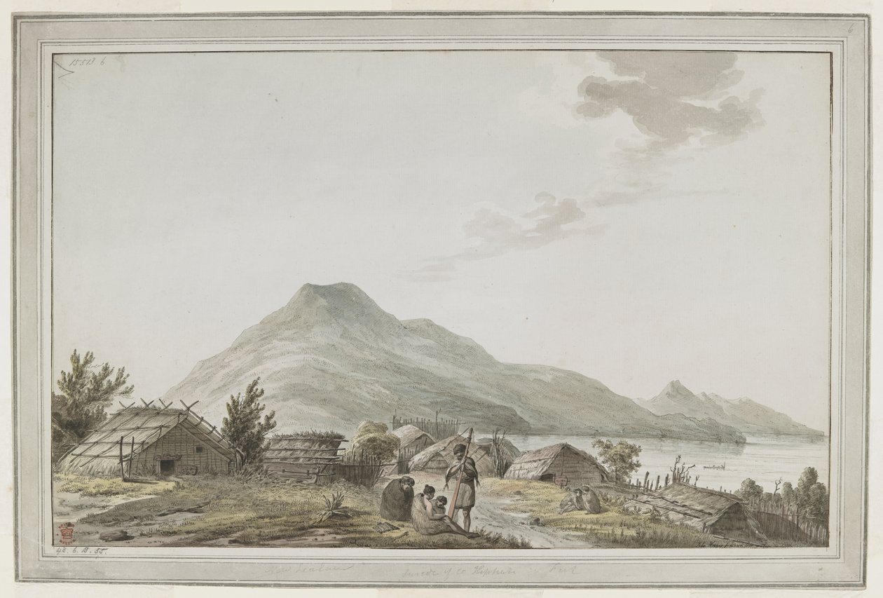 [Hela ritningen] Utsikt över Hippah, eller befäst by, vid den sydvästra punkten av Motuara i Queen Charlotte Sound. Utsikten ser norrut, med Motuara i bakgrunden. Teckningen kan vara resultatet av kapten Cooks besök den 15 februari 1777. Ma av John Webber