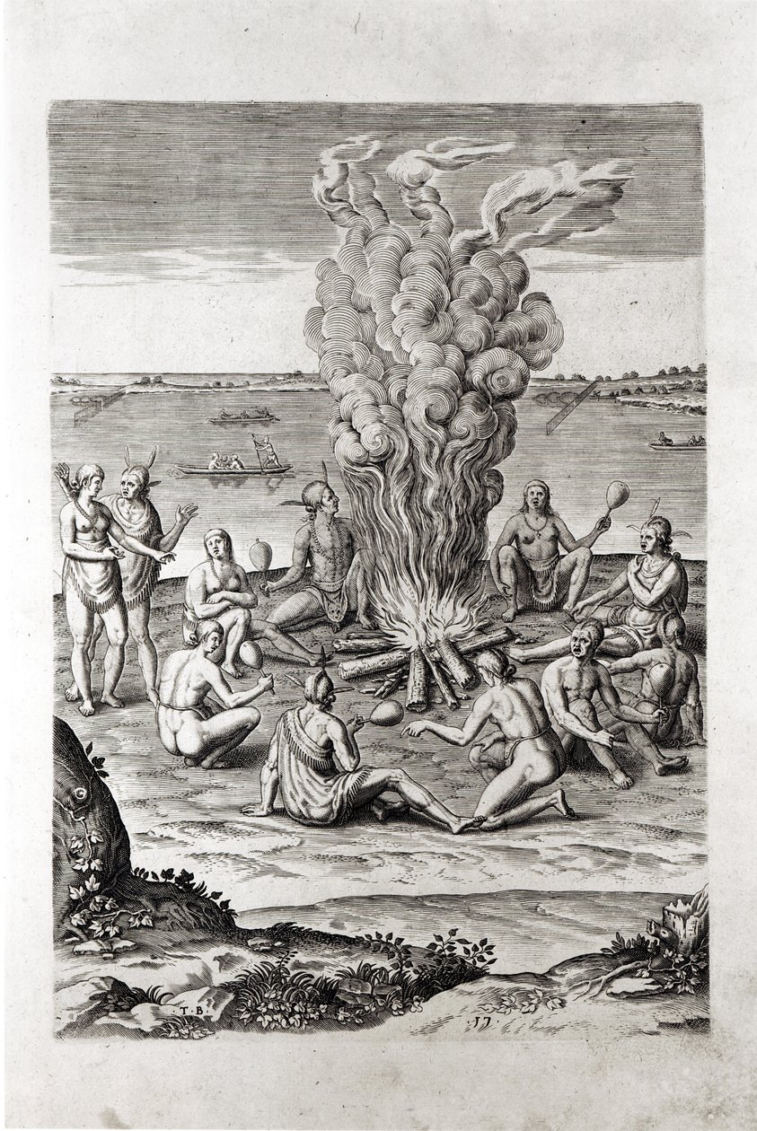 Indianer som ber runt en eld, gravyr från Hariots "A Briefe and True Report of...Virginia", 1590, graverad av Theodor de Bry (1528-98). av John White