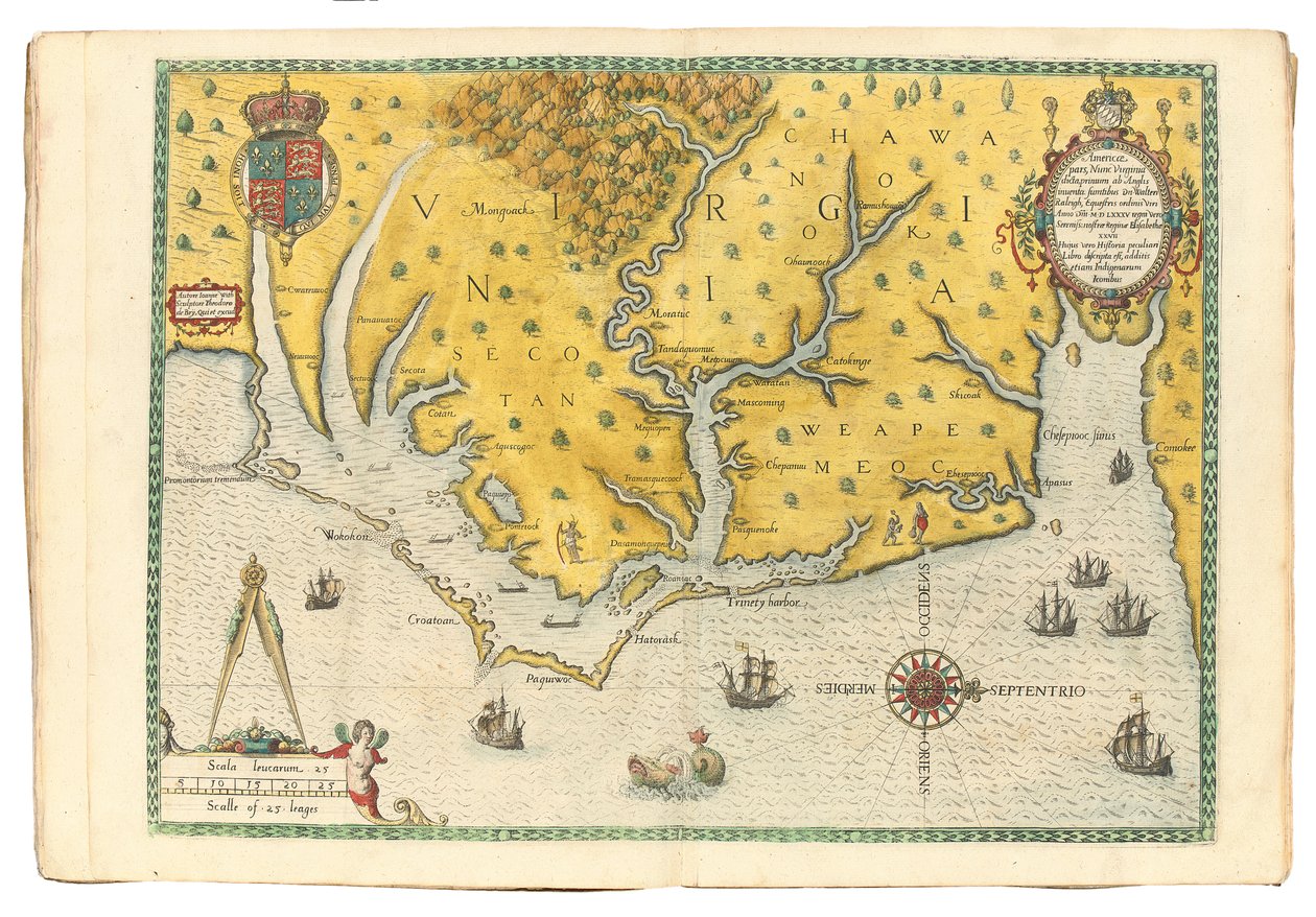 Karta över Virginia som visar ankomsten av Sir Walter Raleighs expedition 1585, 1590 av John White