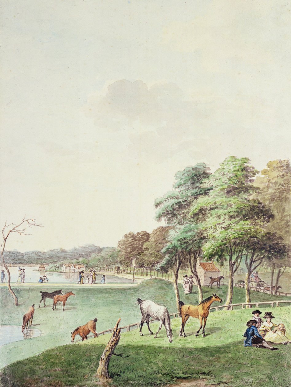 The East End of the Serpentine, och en avlägsen utsikt över badhuset, 1794 av John White Abbott