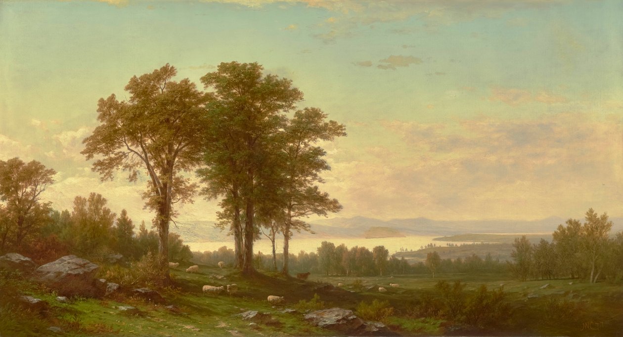 Flodlandskap med får 1877 (olja på duk) av John William Casilear