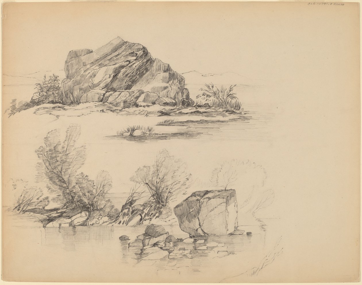 Stenar längs en sjöstrand [recto] av John William Casilear