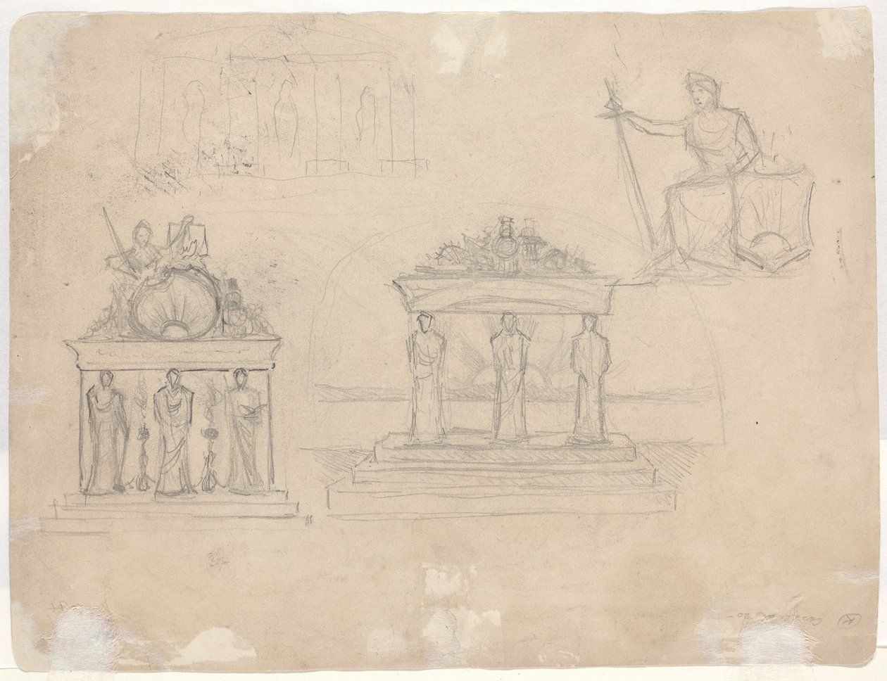 Studier av klassiska tempelfasader och sittande kvinnlig figur [verso] av John William Casilear