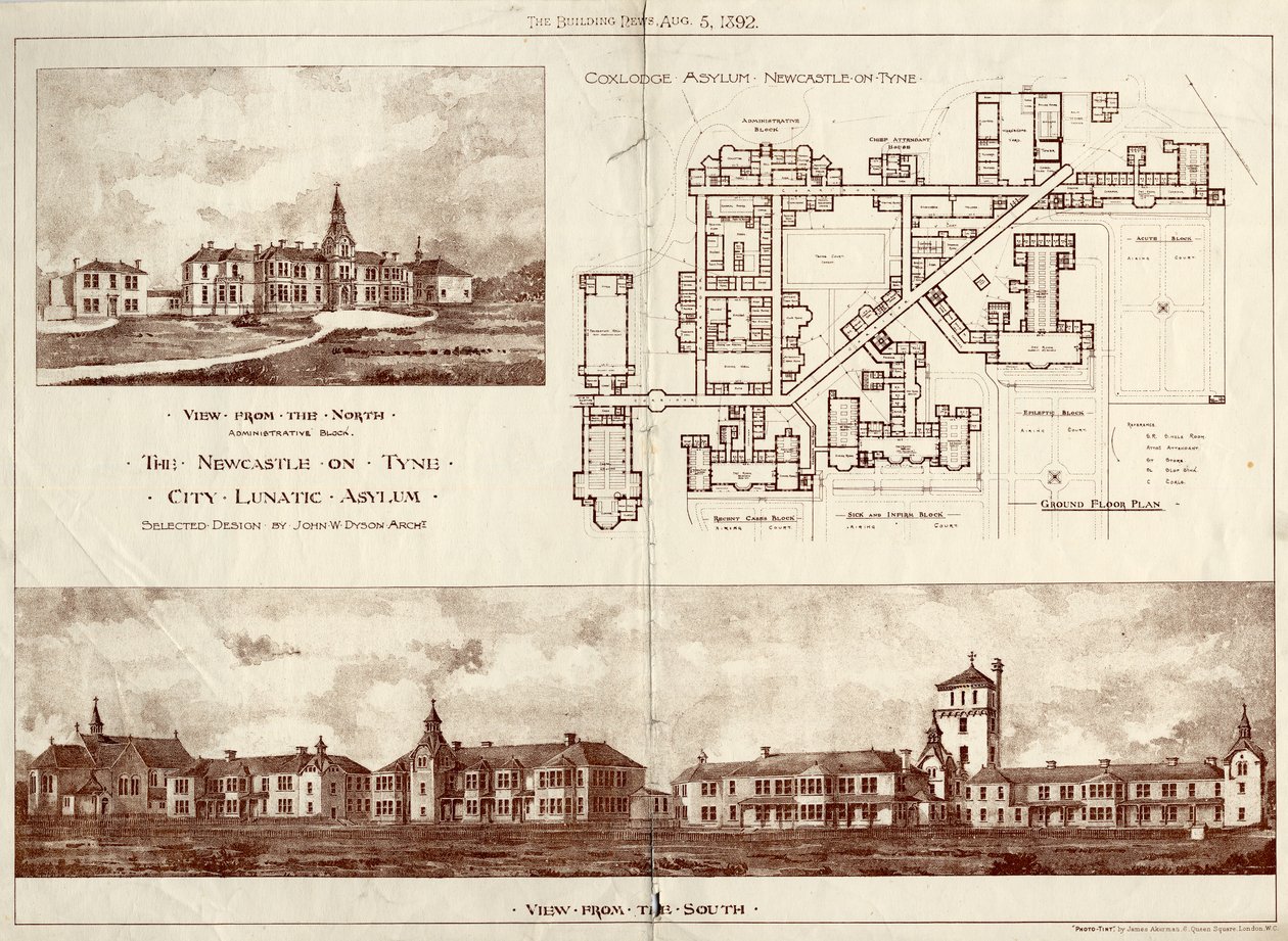 Lunatic Asylum i Newcastle upon Tyne, Coxlodge, ca 1829 (photolitho) av John William Dyson