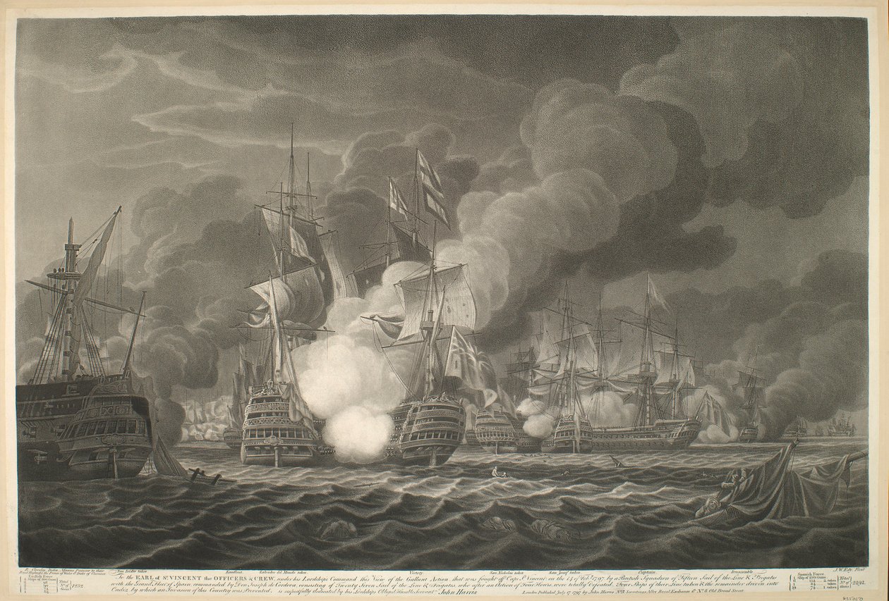 Till EARL of S.T VINCENT OFFICERNA amp; CREW, under hans herres befäl denna syn på den galanta strid som utkämpades utanför Cape St Vincent den 14 februari 1797 av en brittisk eskader på femton linjeseglar amp; fregatter / med Grand F av John william Edy