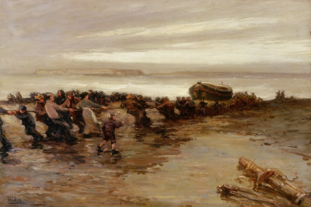 Hauling up the Lifeboat, Holy Island, c.1910-20 av John William Gilroy