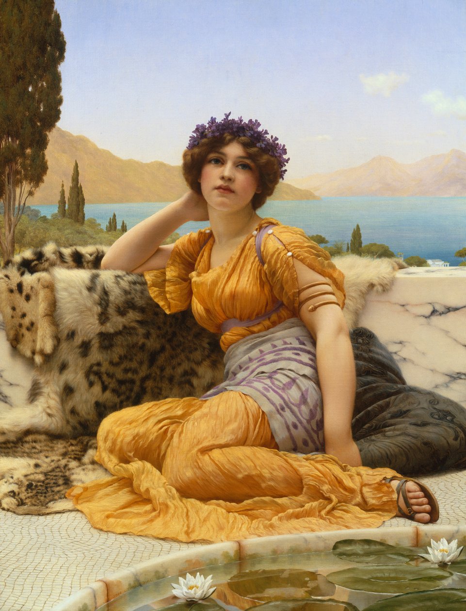 Med Violets Wreathed och Robe of Saffron Hue av John William Godward