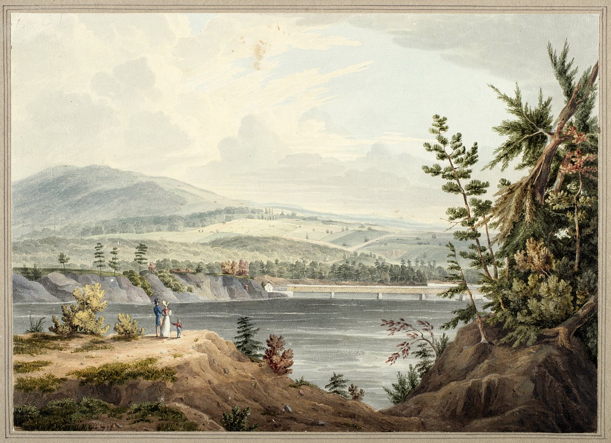 Hudson River Bridge nära Waterford, New York, 1832 (akvarell, gouache, selektiv glasering, grafit och utskrapa på papper på kort) av John William Hill