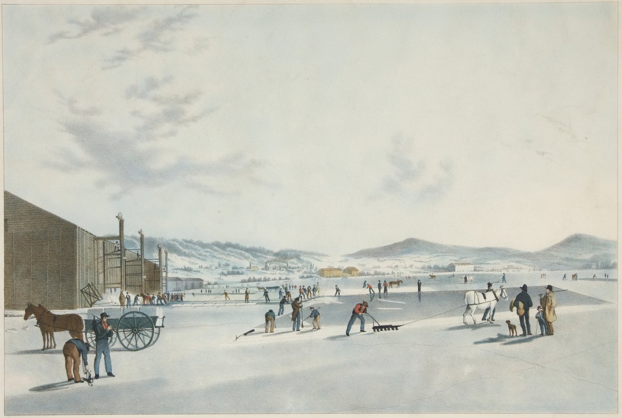 Rockland Lake - Cutting Ice. Utsikt från nordöstra, pub. 1849 av John William Hill