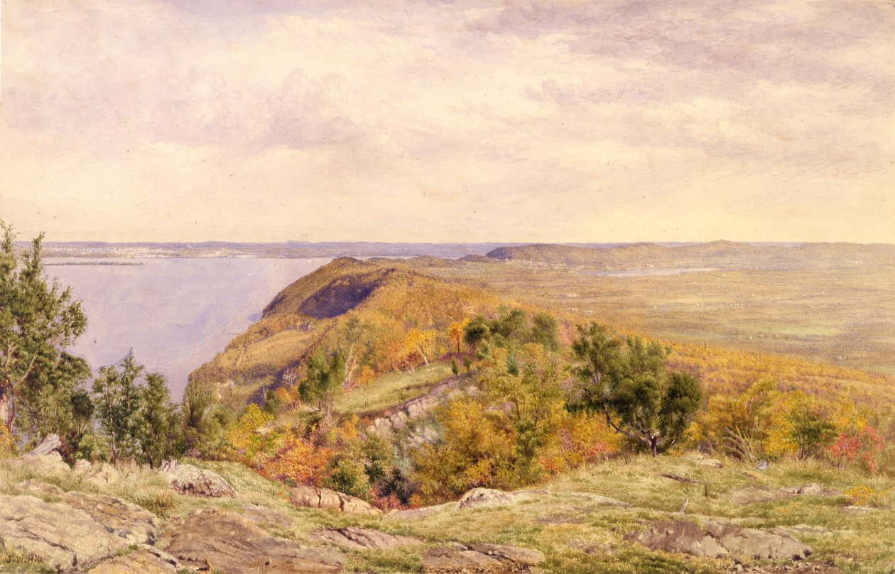 Utsikt från High Tor, Haverstraw, New York, 1866 (akvarell och grafit på papper monterad på kort) av John William Hill