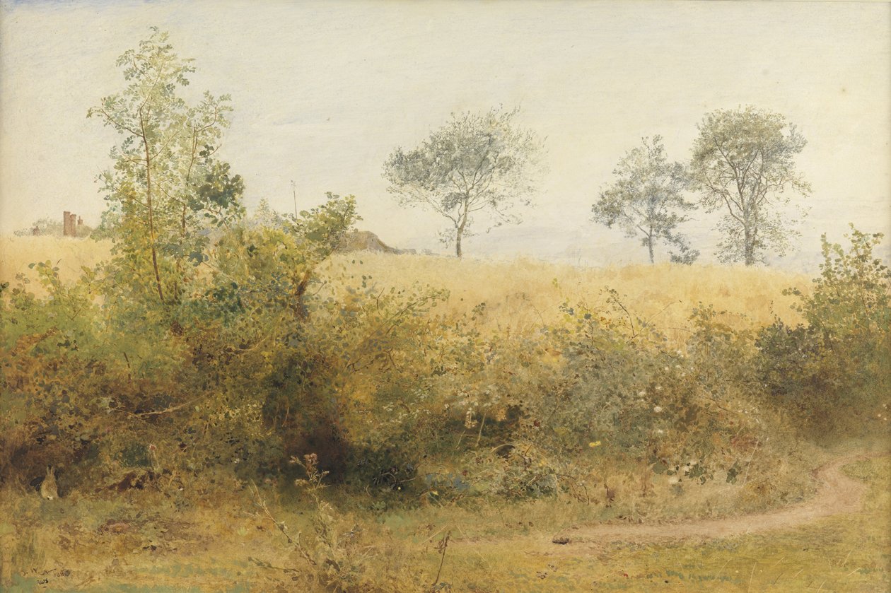 The Bat Begins with Giddy Wing - Barley Field Over the Hedge, 1885 (wc & penna med utskrapa på papper) av John William North