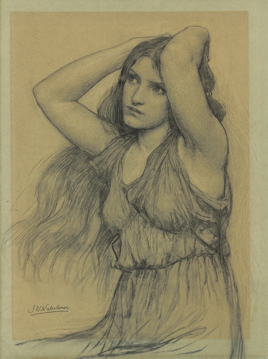 Flora (svart krita på buff papper) av John William Waterhouse