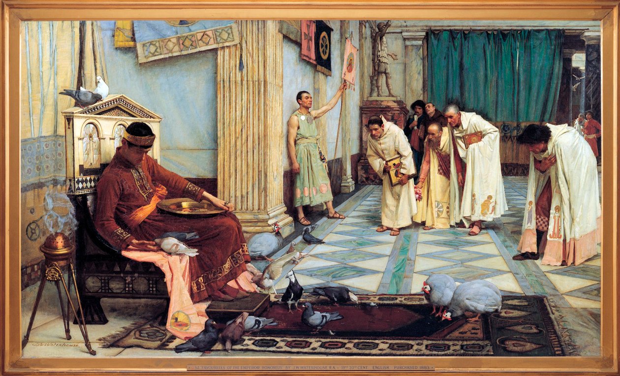 ""Favoriter från den västromerske kejsaren Honorius (384-423)"" Skildring av kejsaren som matar sina fåglar medan hans rådgivare bugar ödmjukt - Målning av John William Waterhouse (1849-1917) 1883 Art Gallery of South Australia A av John William Waterhouse