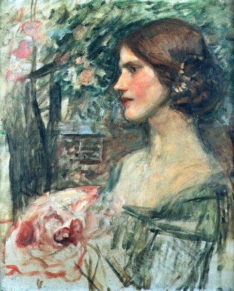 Porträtt av en dam i en grön klänning, eller buketten, ca 1908 (olja på duk) av John William Waterhouse