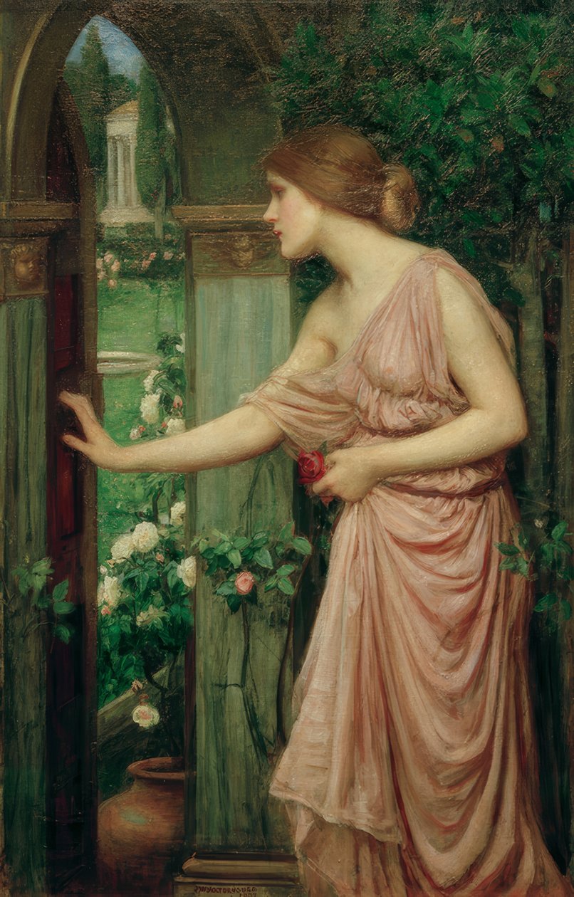 Psyke öppnar dörren till Amors trädgård av John William Waterhouse