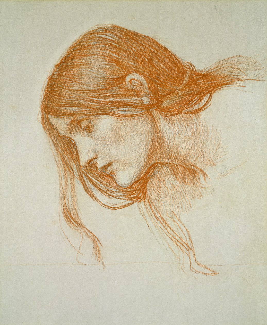 Studie av ett flickhuvud (röd krita på papper) av John William Waterhouse