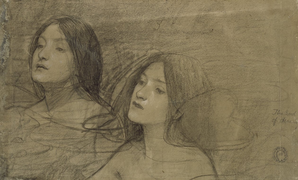 Studie av två nymfer för "Hylas and the Nymphs" (svart krita med viss förhöjning på ett blekt grått papper) av John William Waterhouse