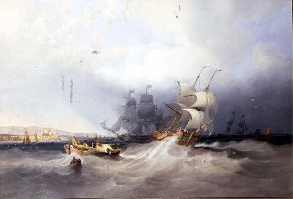 En holländsk brigg vid hamnräckvidden och annan sjöfart utanför en hamn på östkusten av John Wilson Carmichael