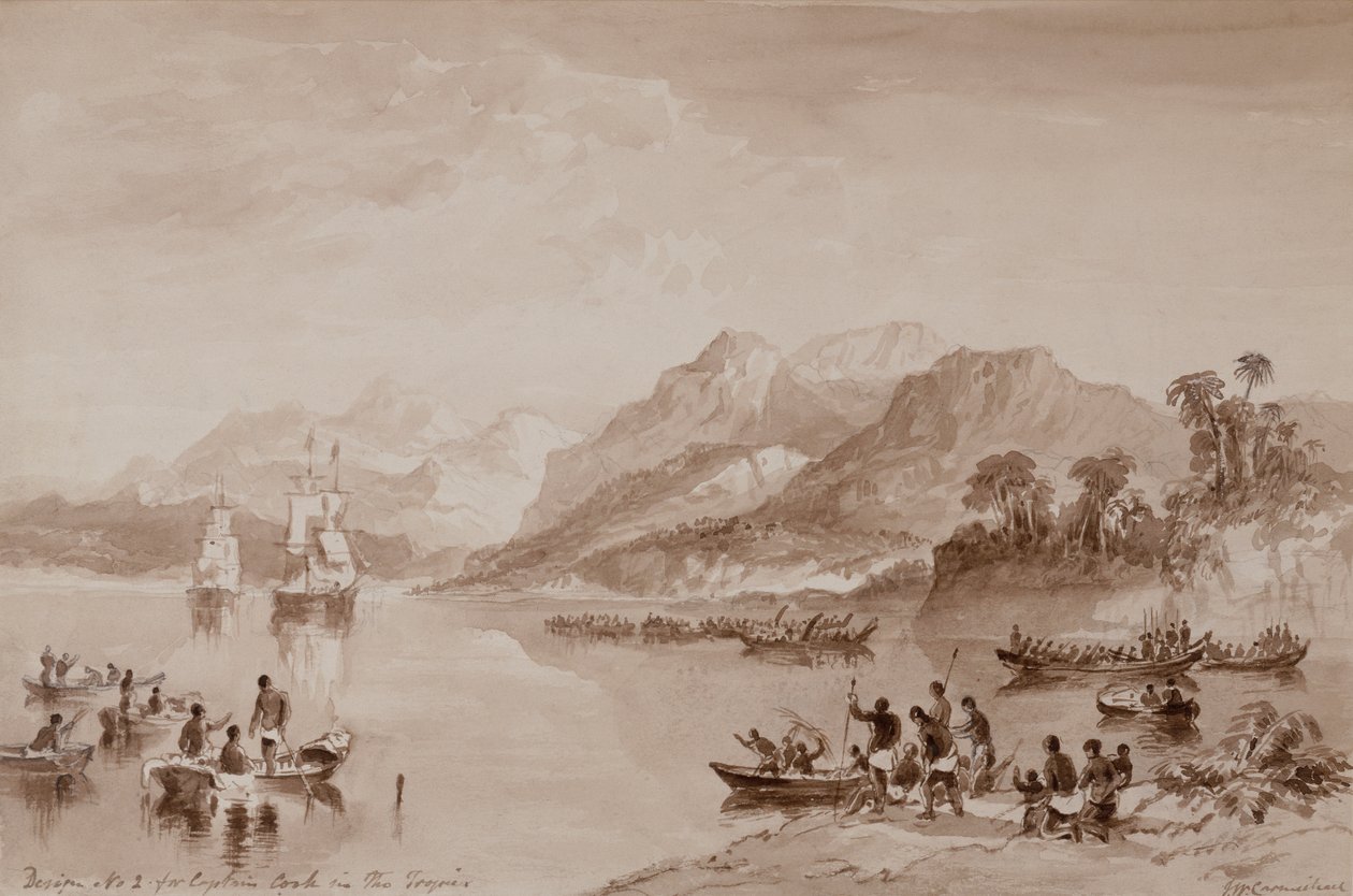 Design nr 2 för Captain Cook in the Tropics (akvarell) av John Wilson Carmichael