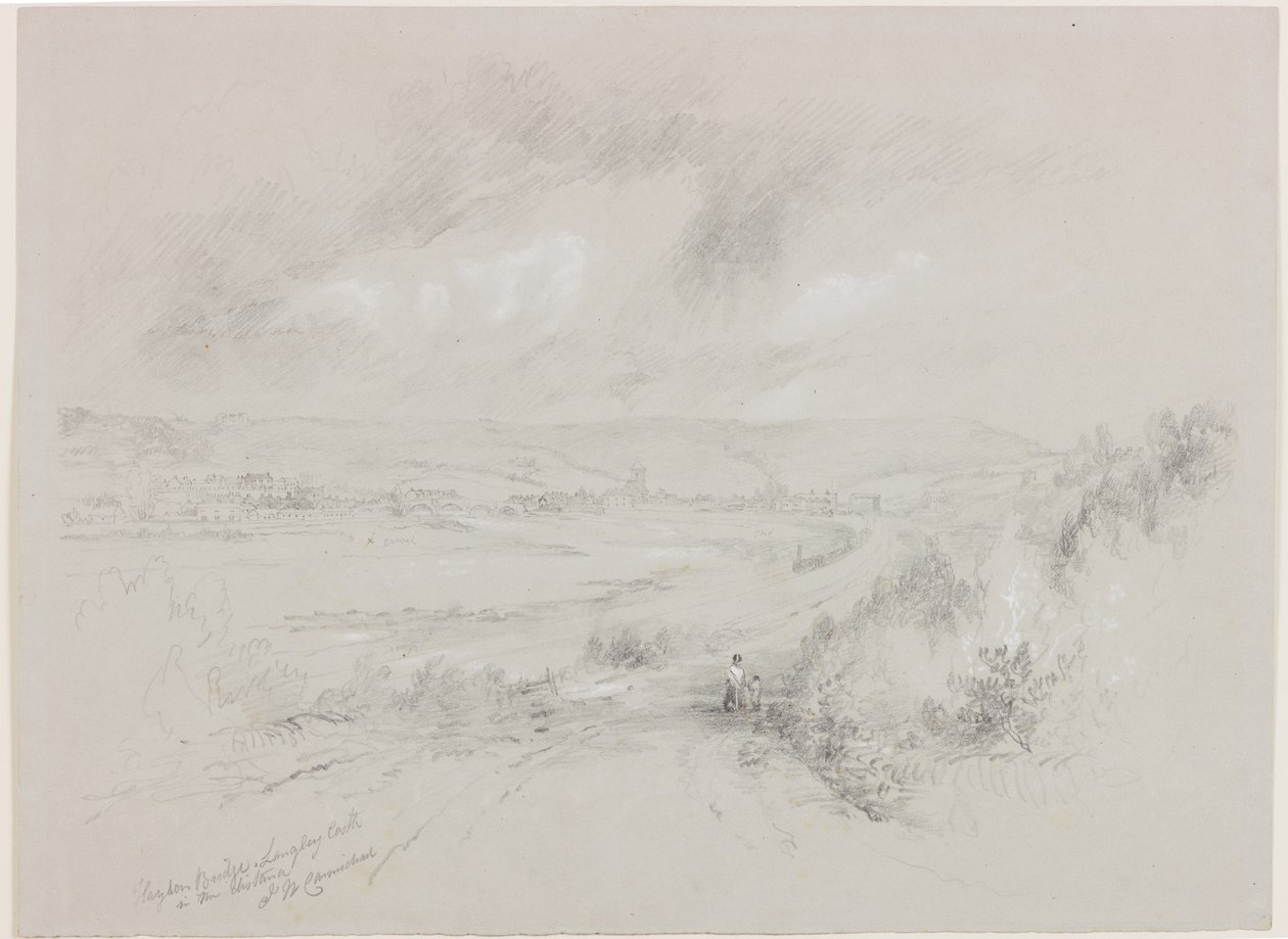Haydon Bridge, Langley Castle in the Distance (bc och penna på papper) av John Wilson Carmichael