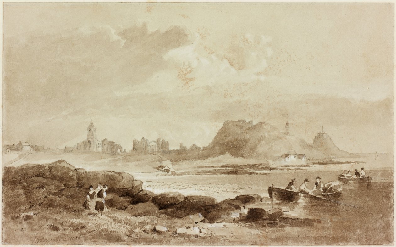 Holy Island (penna och akvarell (sepia) på papper) av John Wilson Carmichael