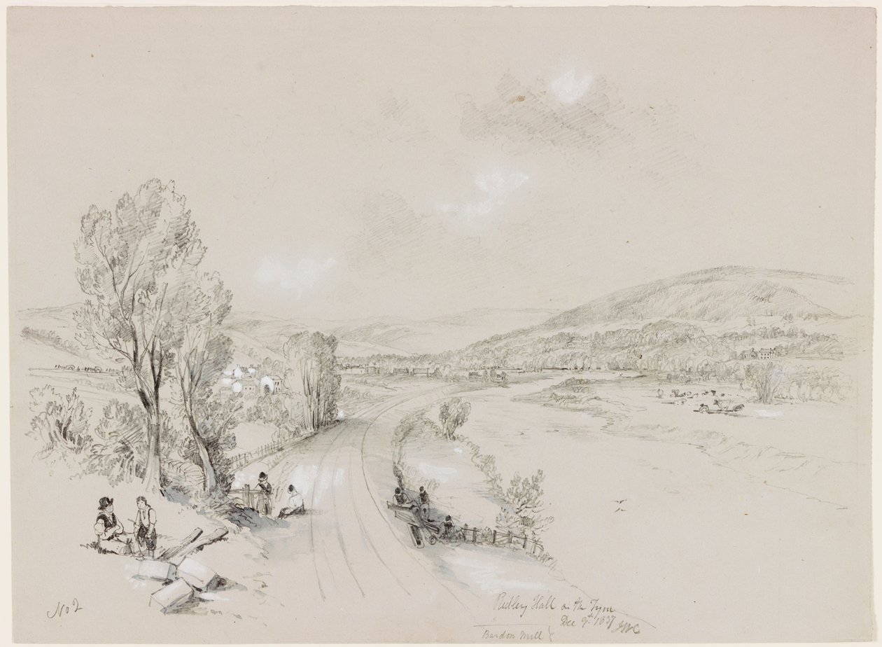 Ridley Hall, Bardon Mill, 1837 (f.Kr. och penna på papper) av John Wilson Carmichael