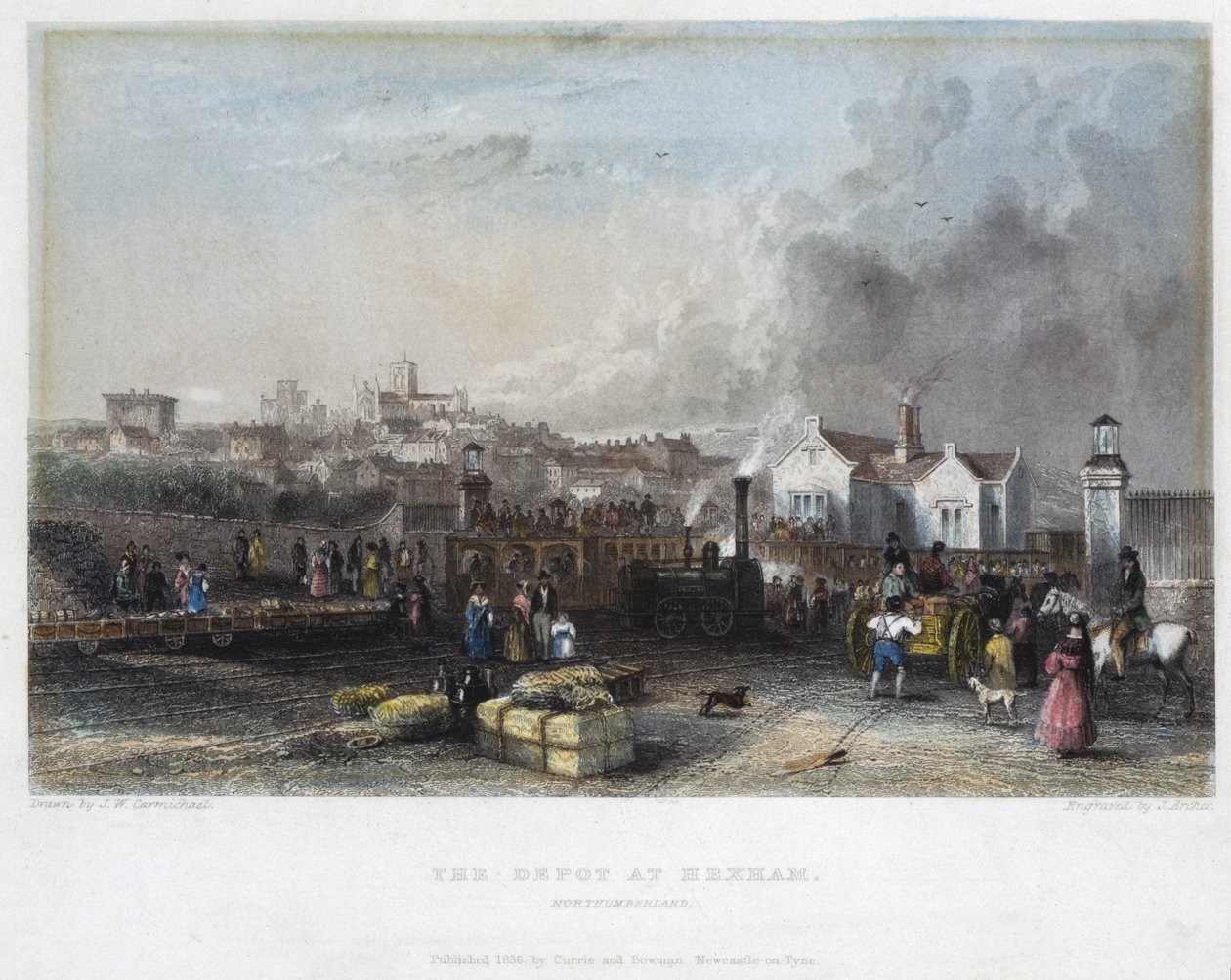 Depån vid Hexham, Newcastle och Carlisle Railway, graverad av J. Archer, 1836 av John Wilson Carmichael