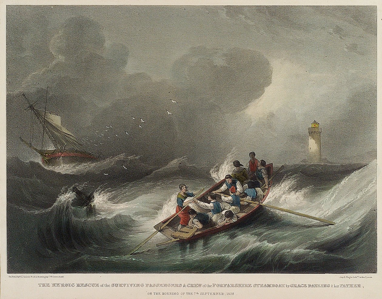 Den heroiska räddningen av passagerarna och besättningen på ångfartyget Forfarshire, av Grace Darling och hennes far, på morgonen den 7 september av John Wilson Carmichael