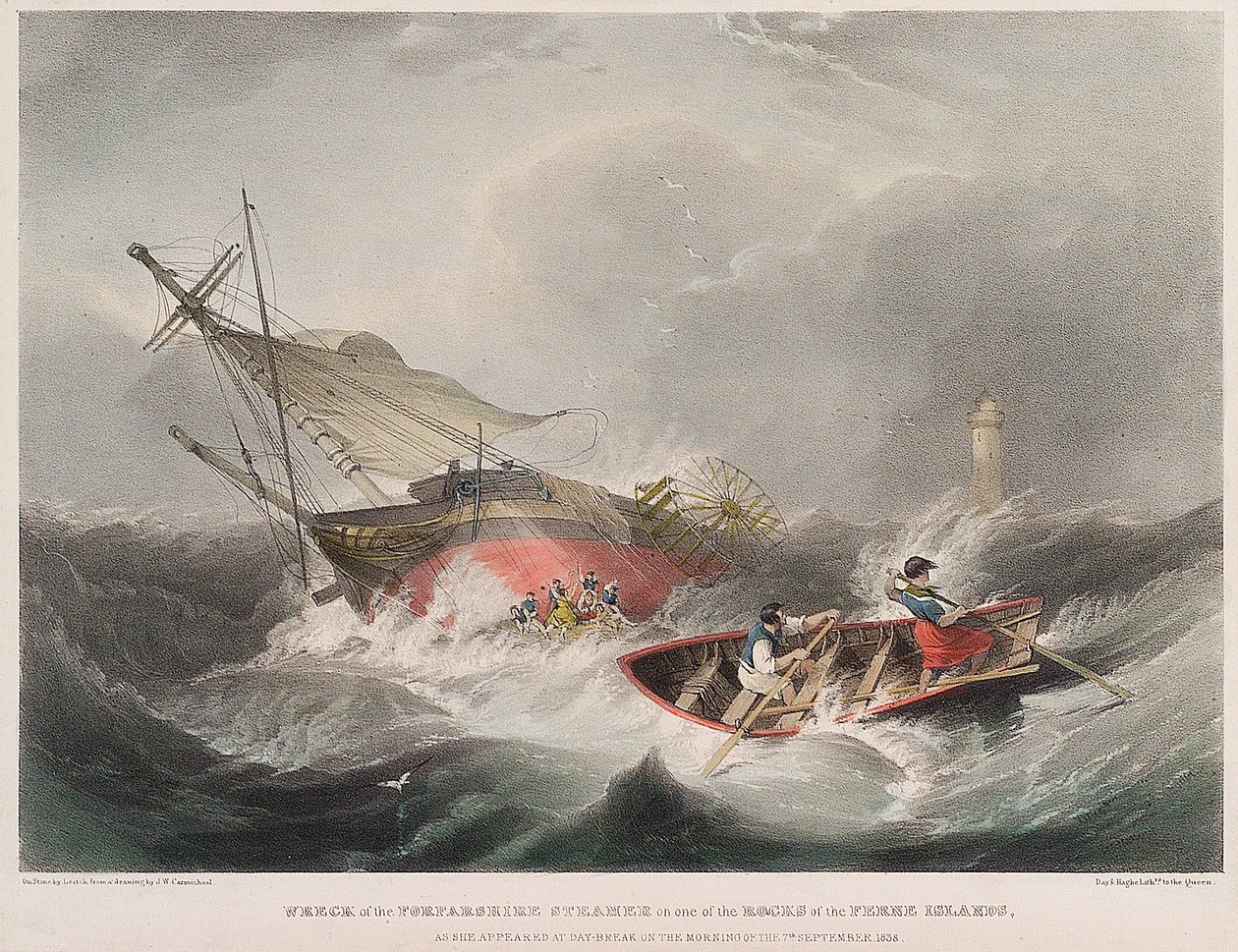 Förlisningen av ångfartyget Forfarshire på klipporna vid Farneöarna (England), som den såg ut vid soluppgången den 7 september av John Wilson Carmichael