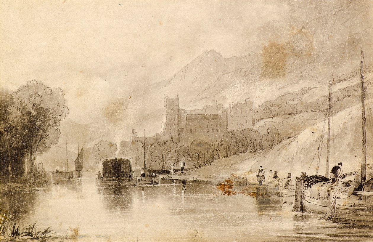 Flodscen med pråmar och förstörda slott av John Wilson Ewbank