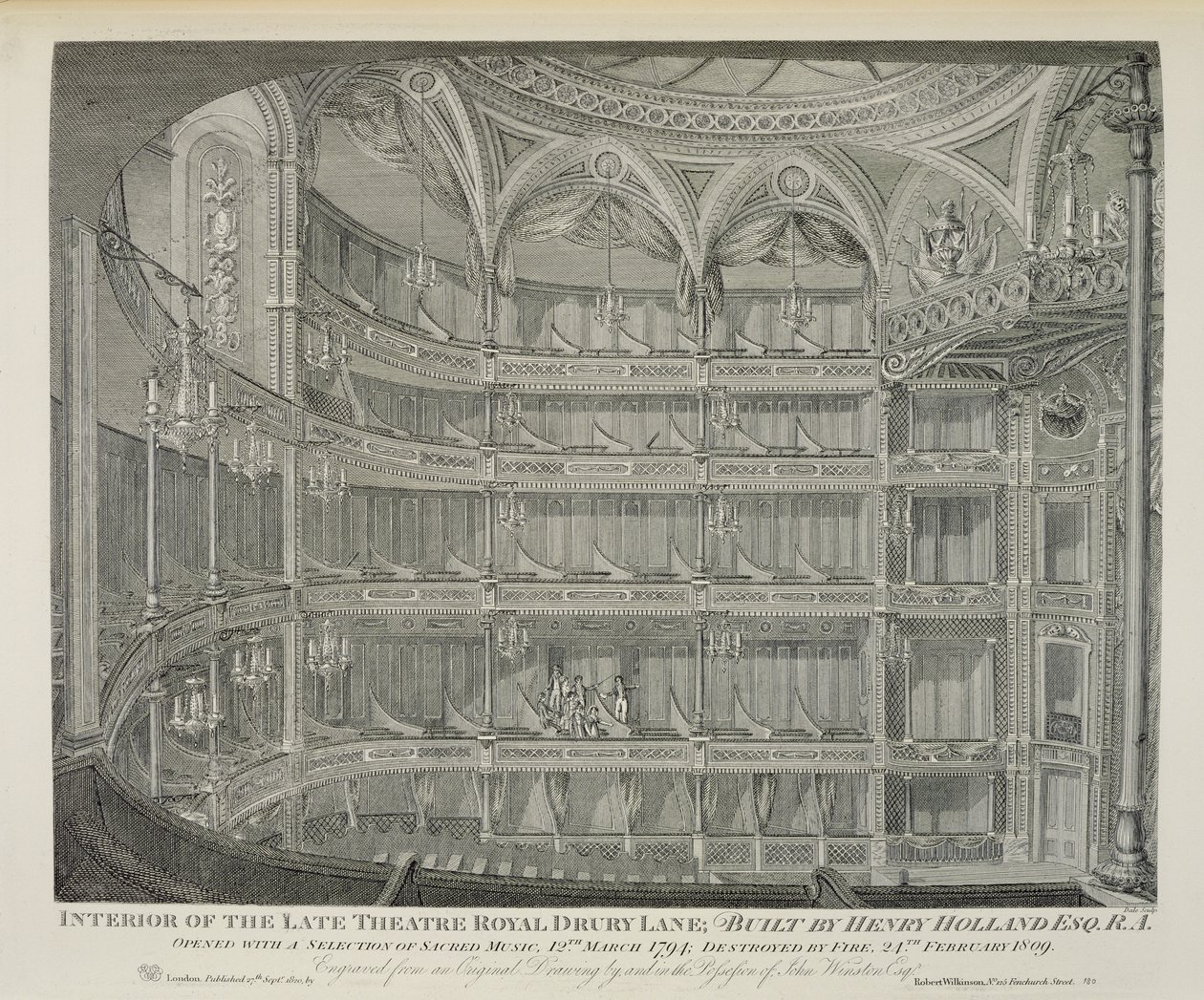 Interiör av Late Theatre Royal, Drury Lane, i London, byggd av Henry Holland, 1794, förstörd av brand 1809, graverad av Dale, 1820 av John Winston