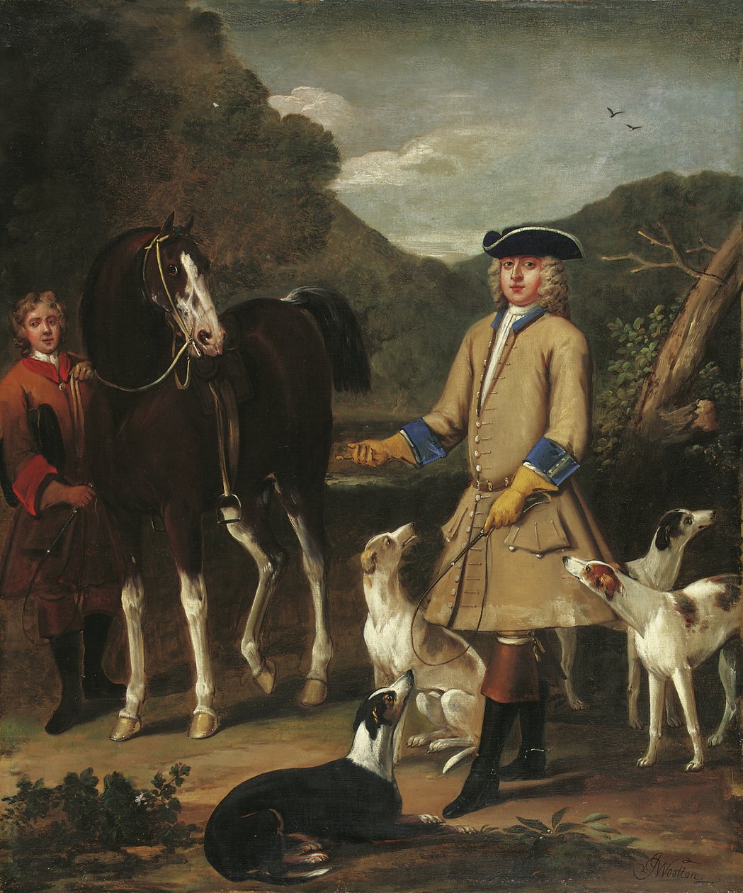 Edward, Lord Seymour, med sin häst, brudgum och hundar, i ett landskap av John Wootton