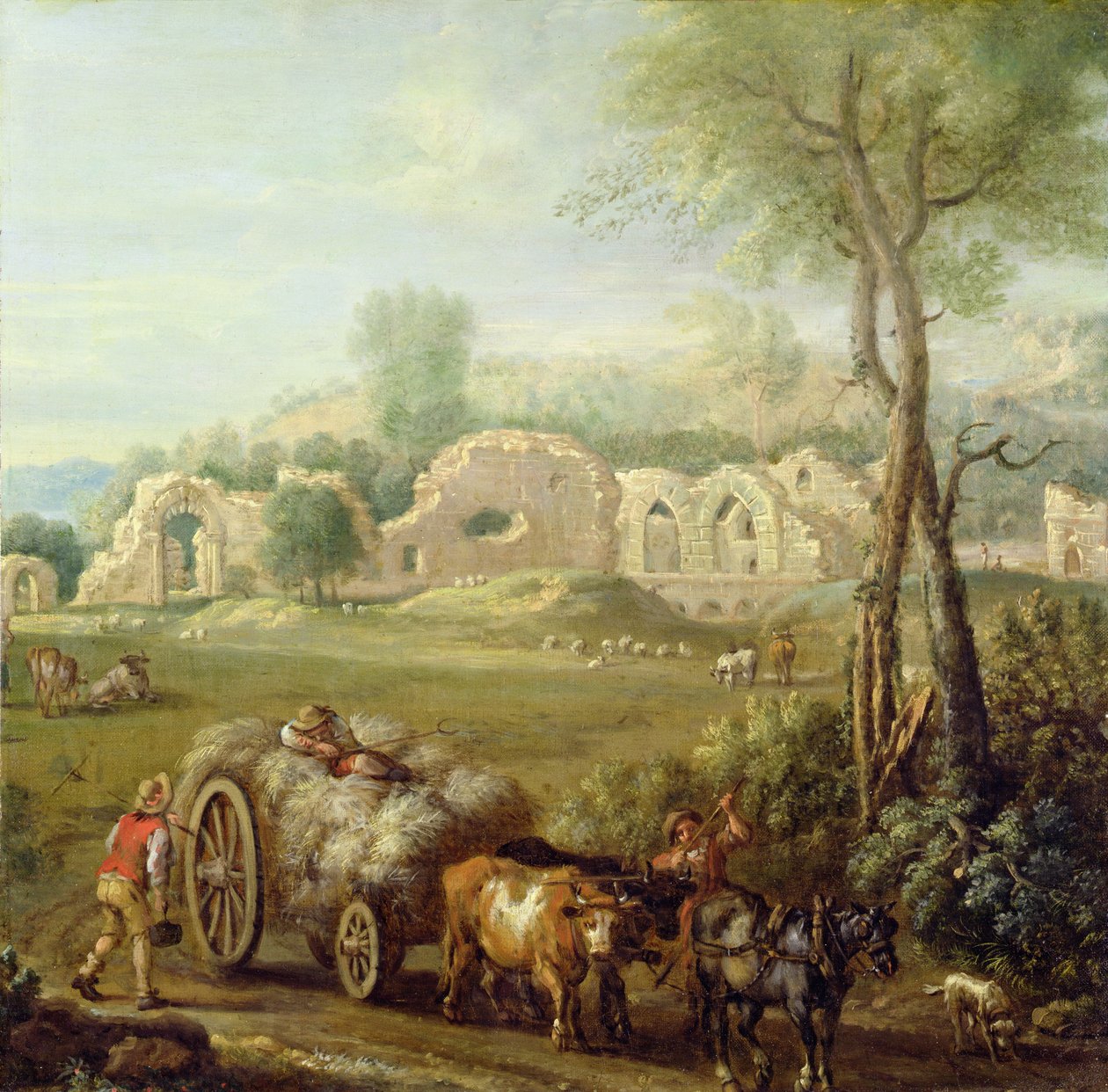 Haycart Passing a Ruined Abbey, ca 1740-50 (olja på duk) av John Wootton