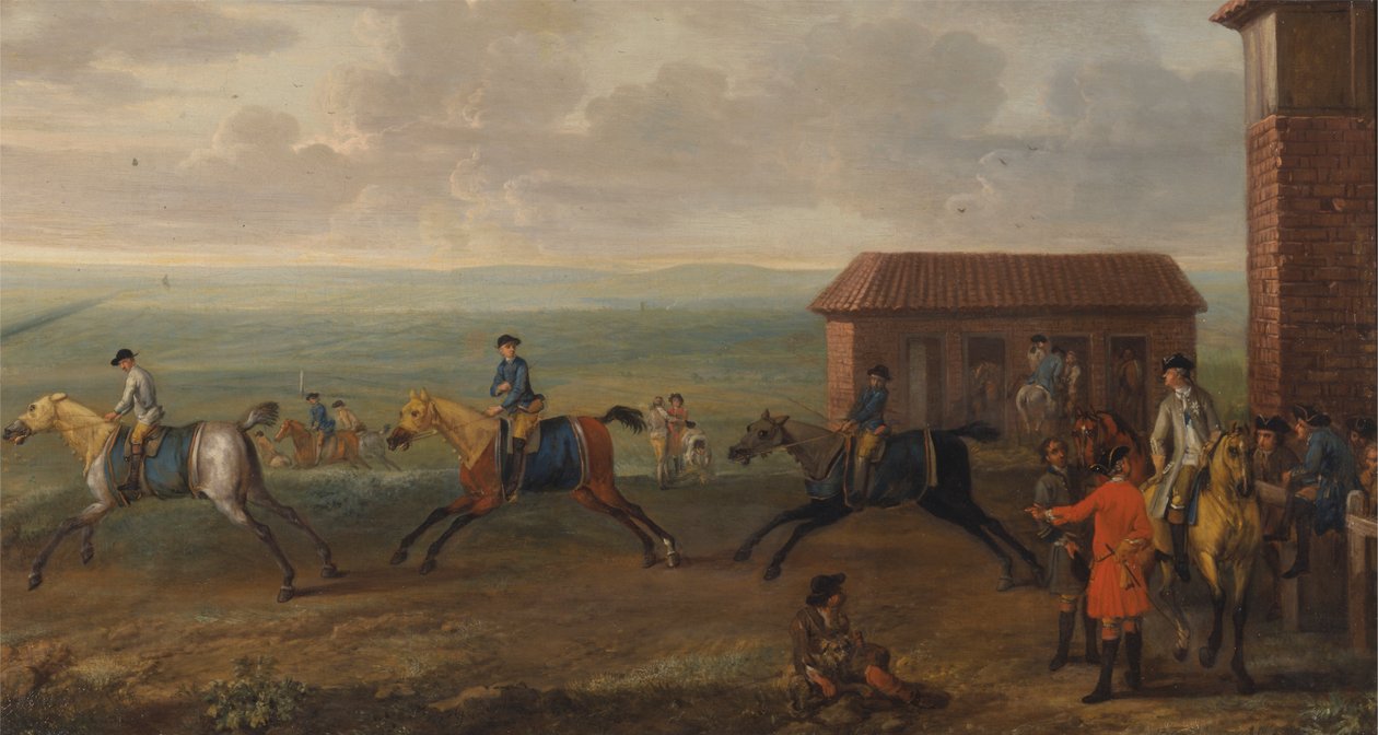 Lord Portmore tittar på kapplöpningshästar på träningen på Newmarket Heath av John Wootton