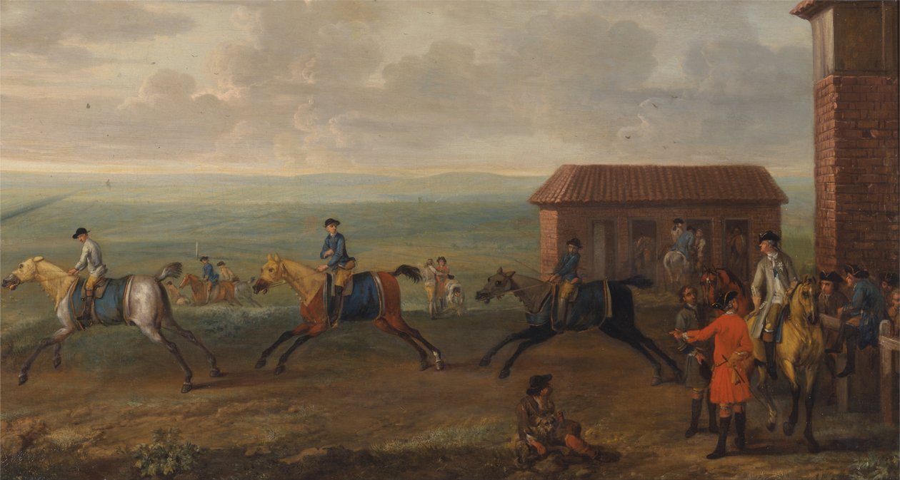 Lord Portmore tittar på kapplöpningshästar i träning på Newmarket Heath av John Wootton