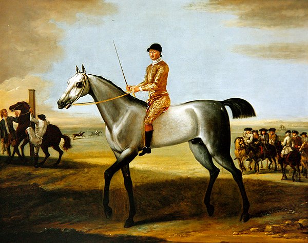 Hertigen av Rutlands hyllade grå kapplöpningshäst Coneyskins med jockey uppe på Newmarket Heath (olja på duk) av John Wootton