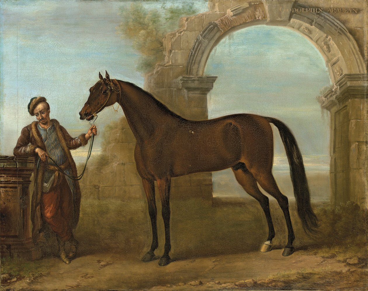 Godolphin Arabien, hållen av en brudgum, i ett landskap med en förstörd båge, 1731 av John Wootton