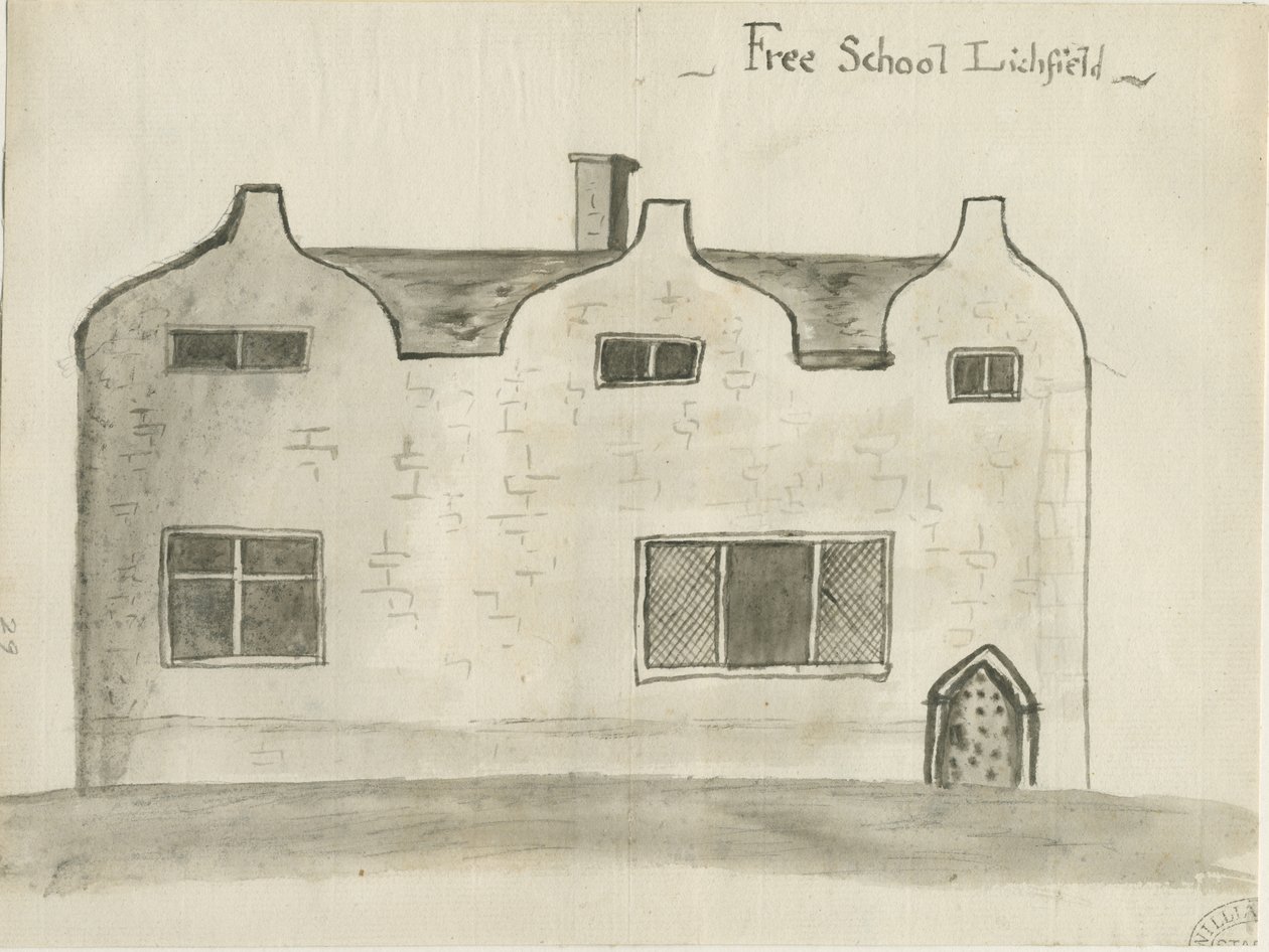 Lichfield - Grammar School: sepiatvättteckning, nd [1784] (teckning) av John Wright