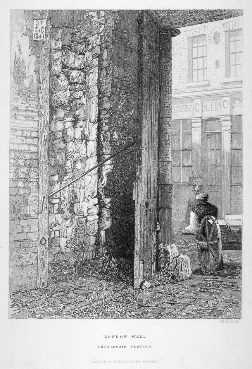 Cripplegate Postern, på kyrkogården i St Giles utan Cripplegate, London Wall, London, 1851. av John Wykeham Archer