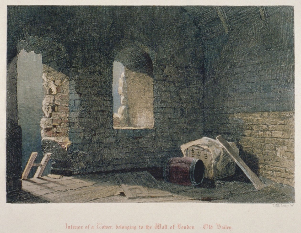 Interiörvy av ett torn som tillhör Londonmuren vid Old Bailey, City of London, 1851 av John Wykeham Archer