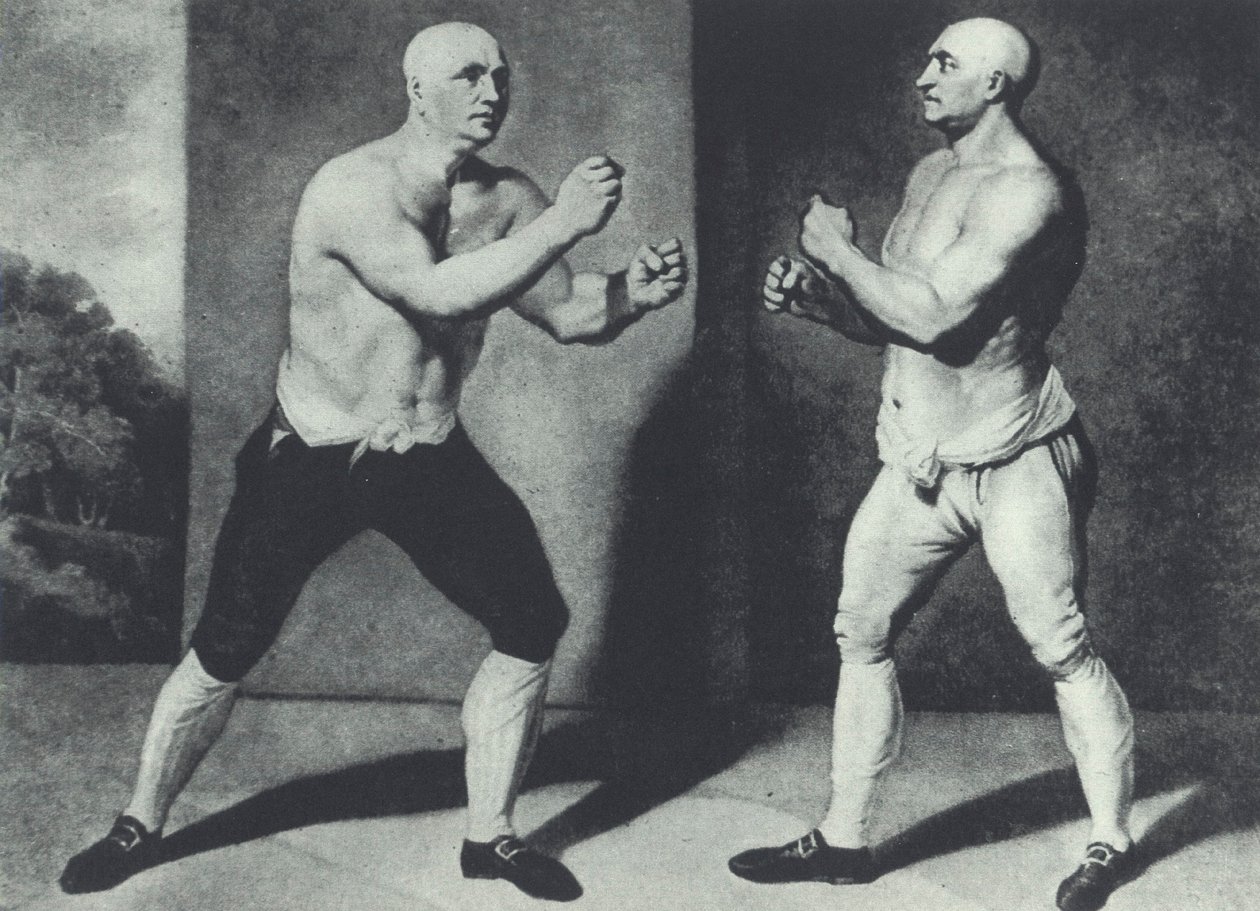 Tidiga brittiska barfistboxare, John Broughton (vänster) och George Stevenson slåss 1741: Broughton uppfann boxningshandsken (mezzotint) av John Young