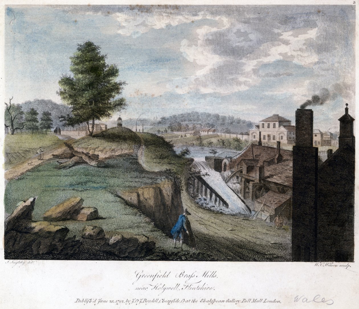Greenfield Brass Mills, nära Holywell, Flintshire, graverad av W.C. Wilson, ca 1792 av John after Ingleby