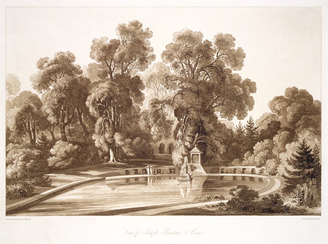 Utsikt över tempelfontänen och grottan, Sezincote, graverad av Frederick Christian Lewis Snr. (1779-1856), ca 1817-18 (sepiaakvatint) (se även 171663) av John after Martin