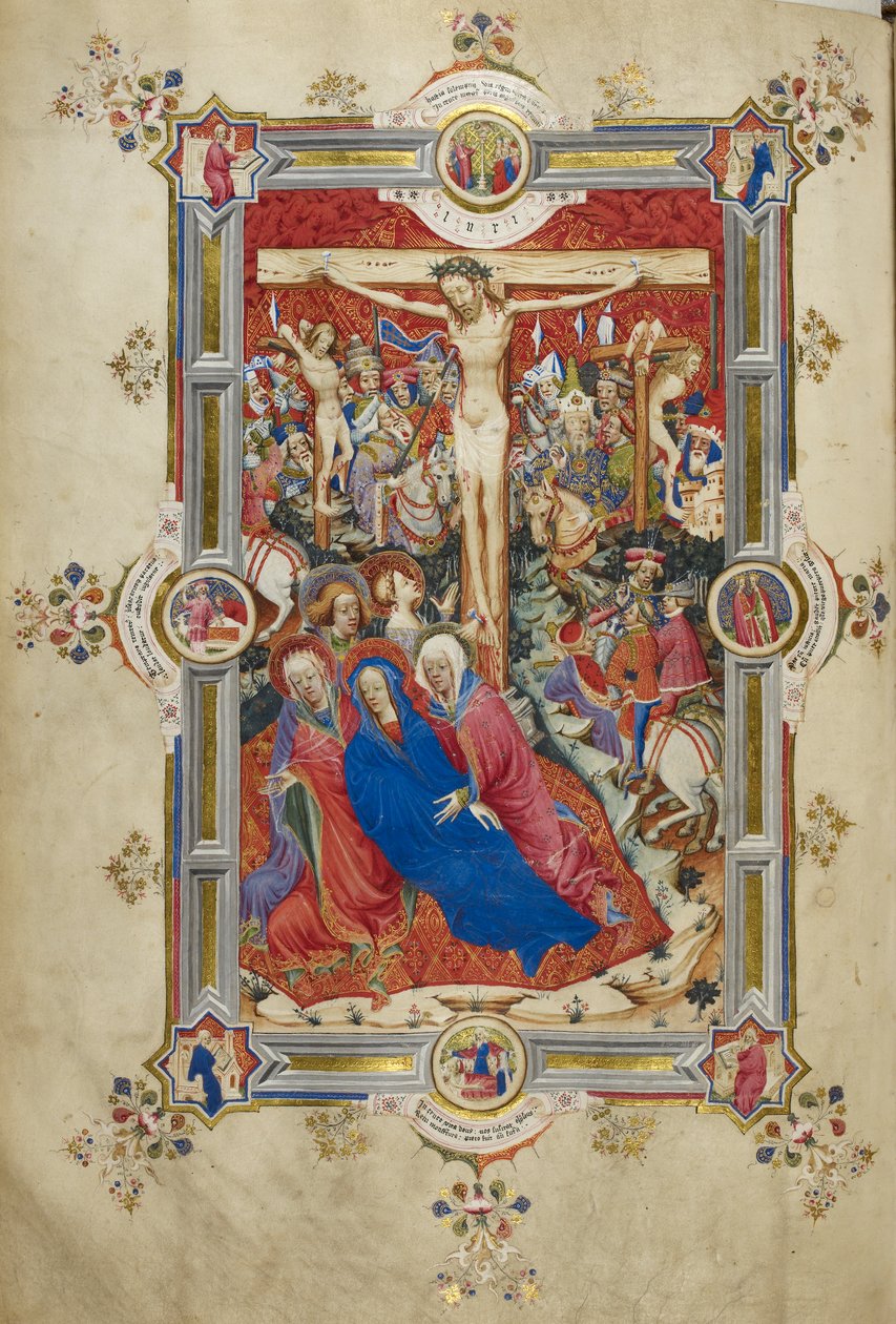 Korsfästelsen, introduktion av kanon av mässan Kristus på korset, flankerad av tjuvar, svimning Jungfru stödd av kvinnor och St. John, Magdalena vid foten av korset. Skara monterade åskådare i modern klädsel, inklusive Longinus, med änglar ovanför av John and Siferwas John (fl. 1380–1421 Whas