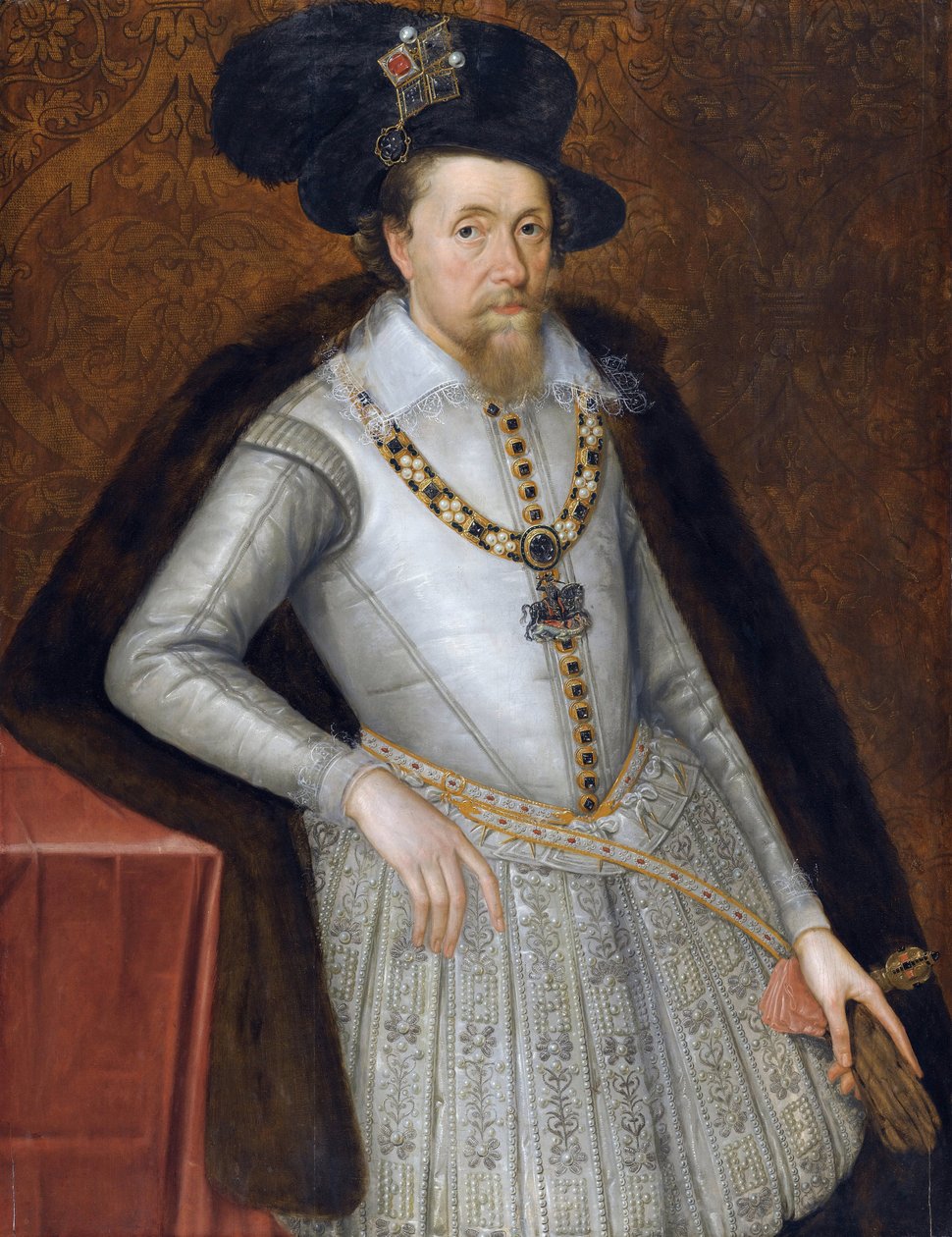 Jacques VI et Ier - Jacques Stuart - Porträtt av kung James I av England (1566-1625) av John De Critz (Decritz), den äldre (1551/2-1642), tidigt 1600-tal. - Olja på trä av John de Critz
