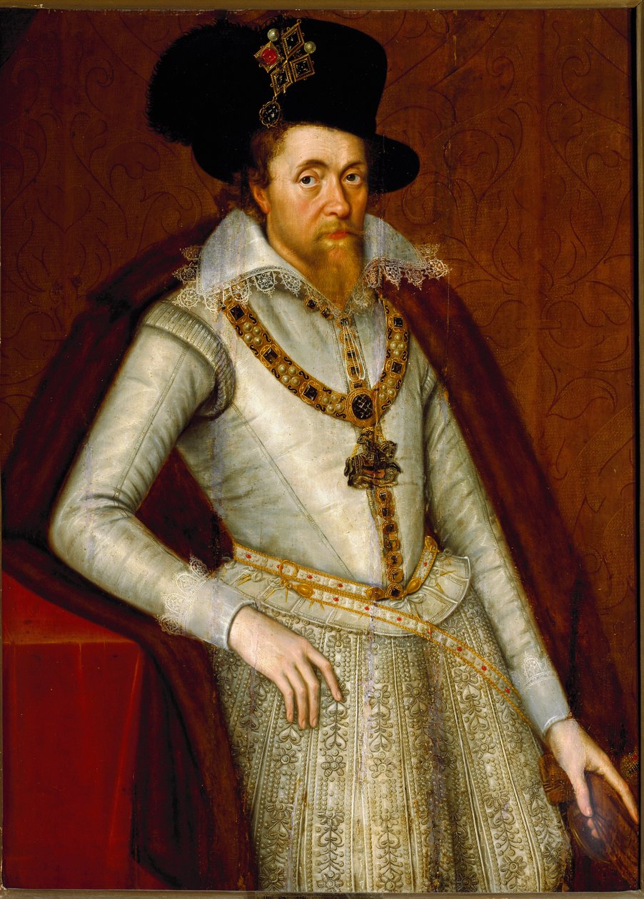 Porträtt av James I av England och VI av Skottland, riddare av strumpebandsorden, c.1610 (målning) av John de Critz