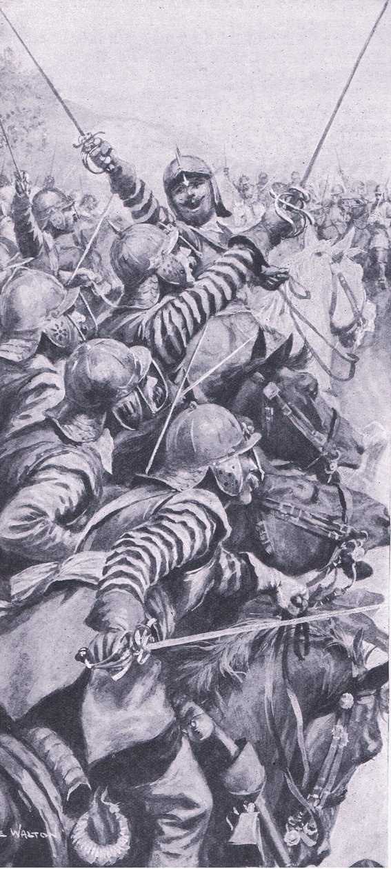 Kavalleriets engagemang vid slaget vid Edgehill, 23 oktober 1642, illustration från brittiska striderna på land och hav, 1915 av John de Walton