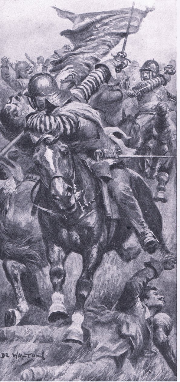 Löjtnant John Smith återtar kungens standard vid Edgehill, 23 oktober 1642, illustration från British Battles on Land and Sea, 1915 av John de Walton